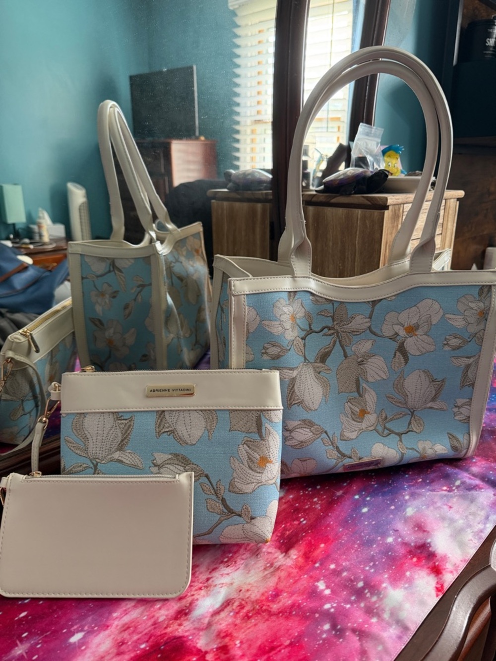 NWOT Adrienne Vittadini Light Blue Floral Tote w/Cream Trim & Matching Pouches